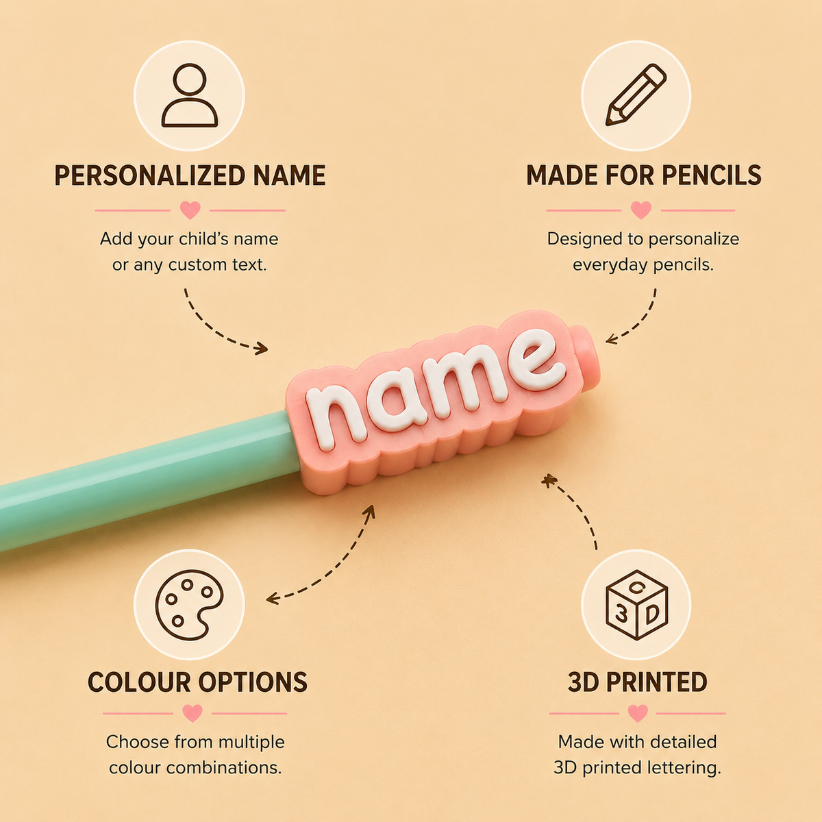 Personalized Name Pencil Toppers | Custom 3D Printed Pencil Accessories