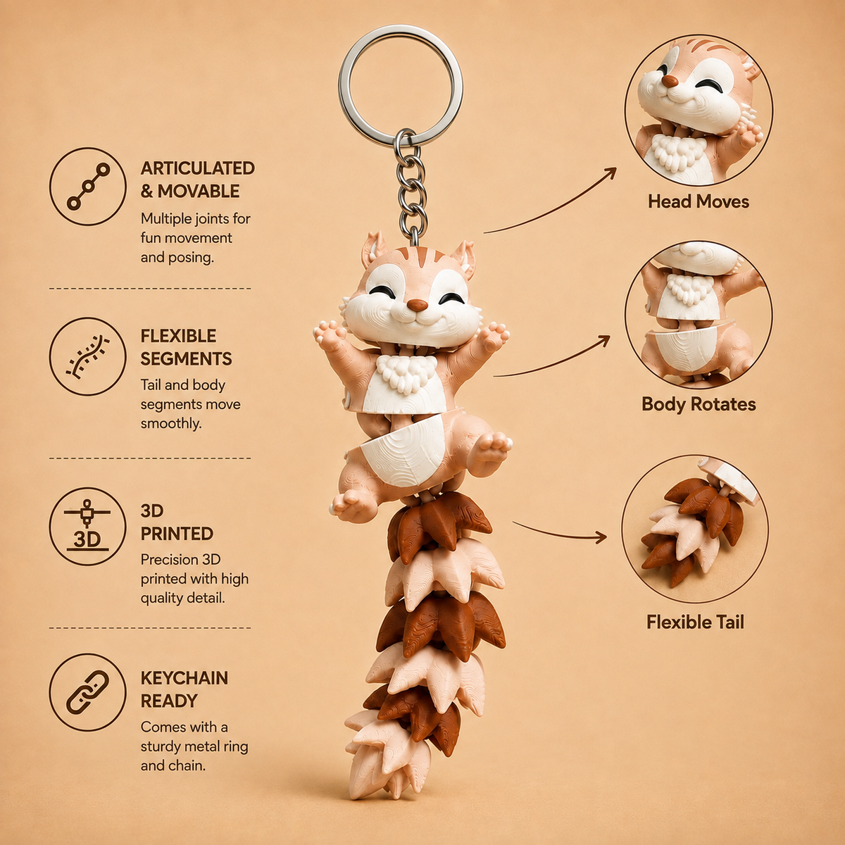 Articulated Squirrel Keychain | 3D Printed Movable Animal Keychain