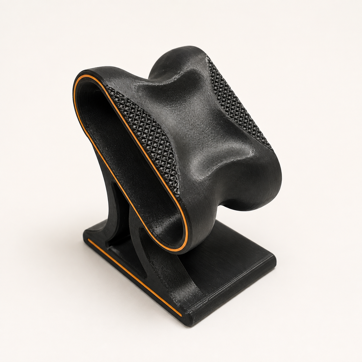 Modern black watch stand with orange accents.