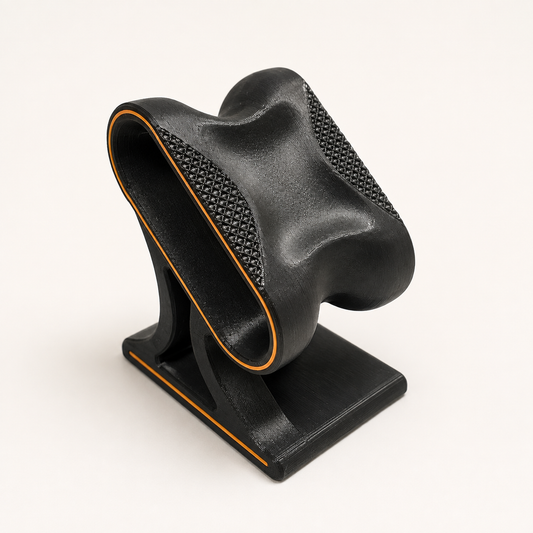 Modern black watch stand with orange accents.