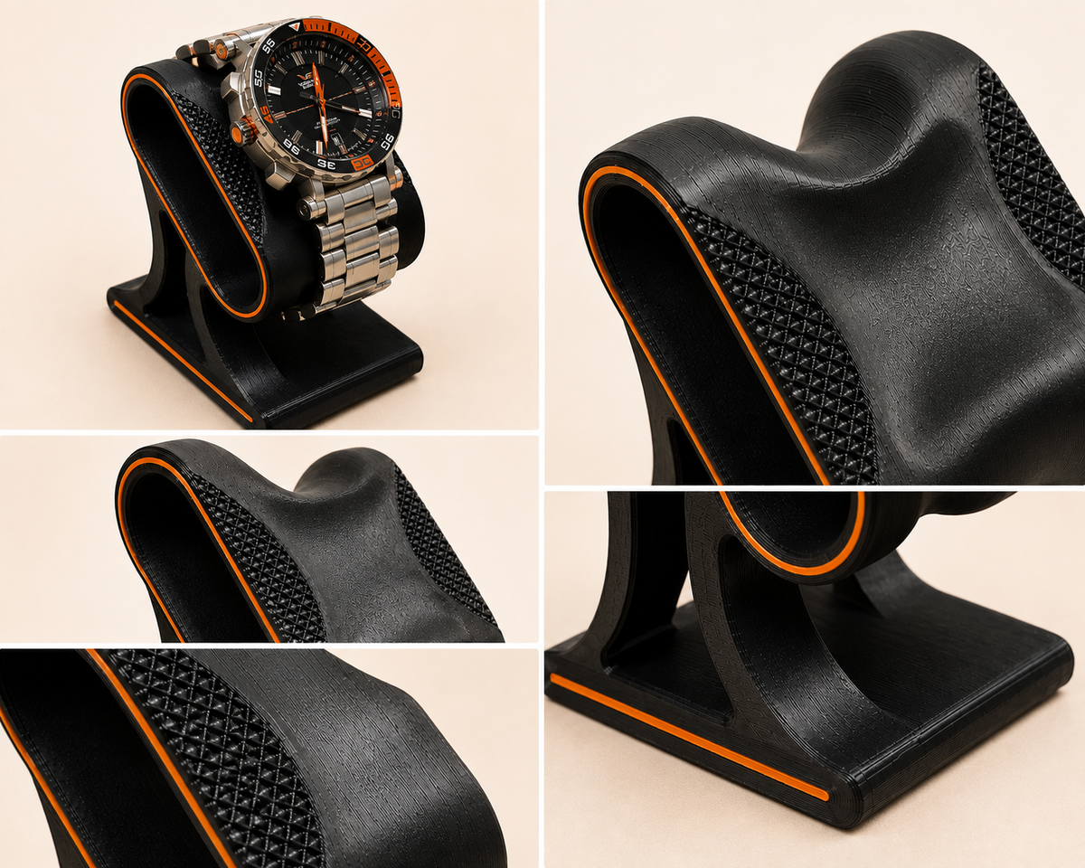 Close-up of the modern watch stand.